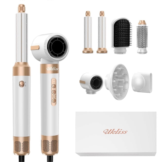 Cepillo secador de pelo iónico 7 en 1 con aire caliente, 110000 RPM y rizador automático de 38 mm, color blanco.