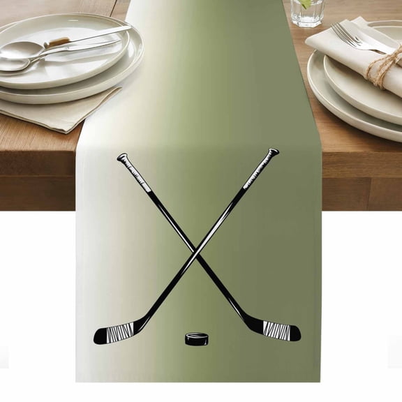 Sage Green Beige Table Runner - 70 Inch Long, Kitchen Dining Table Runner Dresser Scarves, Ombre Ice Hockey Ball Sport Game Farmhouse Decor for Coffee Tables Wedding Party Banquet