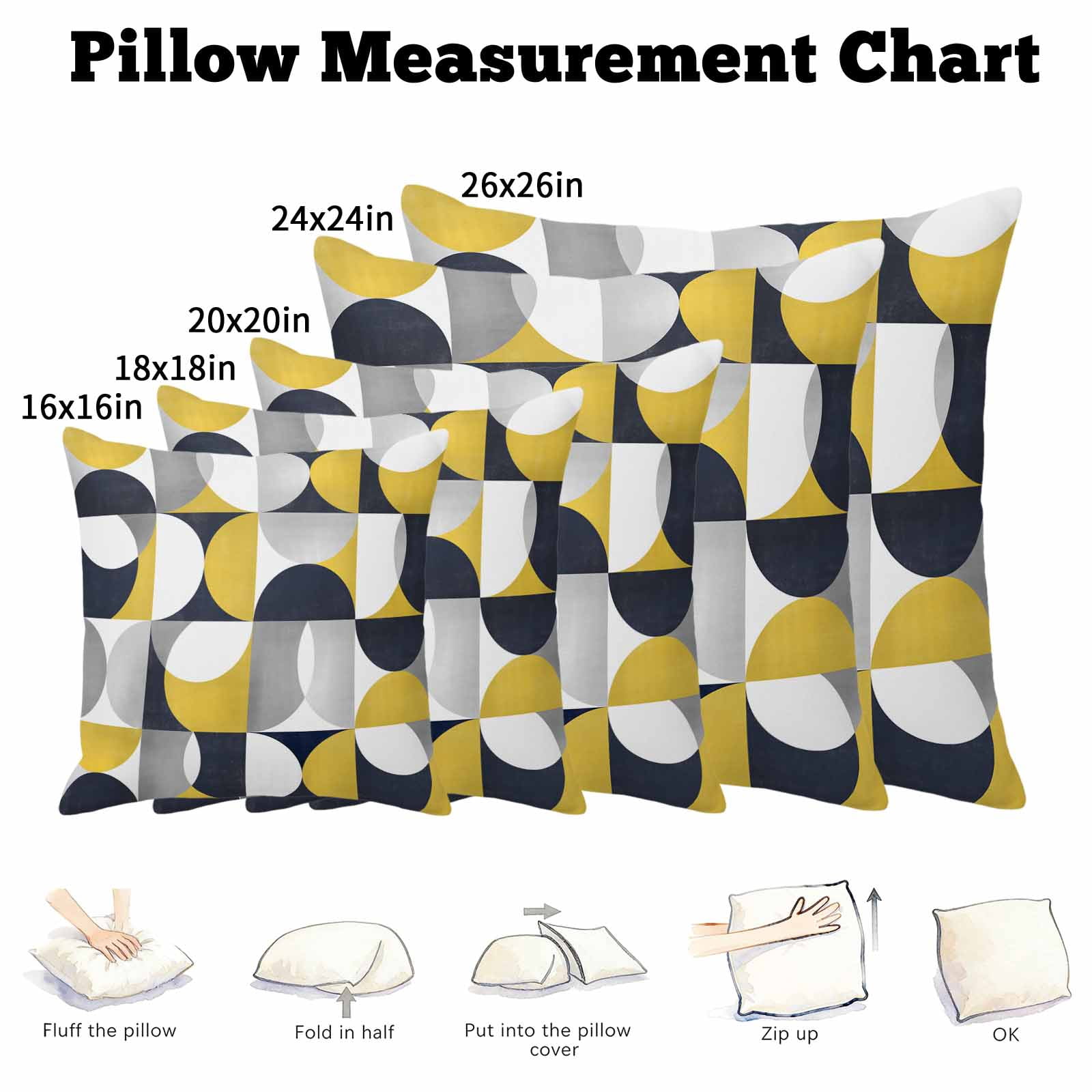 Pillow Covers 26x26 Inch, Modern Yellow, Linen Pillowcase with Invisible Zipper, Vintage European Geometric Grey Decorative Throw Pillow Covers Cushion Case for Couch Sofa Bed Living Room