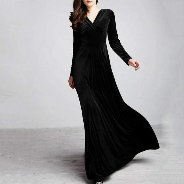 Robe de Soirée à Manches Longues en Velours Doré Automne et Hiver pour Femmes