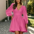 thumbnail image 2 of HNMKIU Long Sleeve Dress for Women Casual V Neck Flounce Short With Layering Options Elegant Spring Fall Outfit Midi Dress Hot Pink,M, 2 of 5