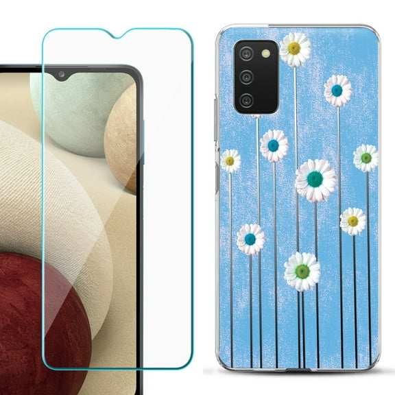 Slim-Fit TPU Fashion Phone Case for Samsung Galaxy A03s, with Tempered Glass Screen Protector, by OneToughShield ® - Daisy Sky