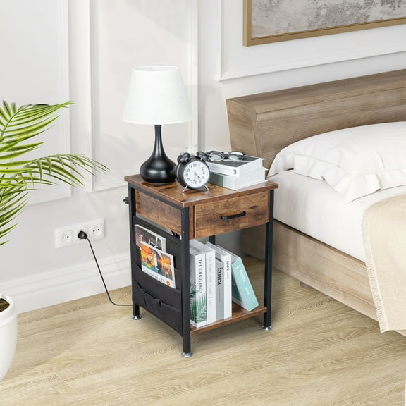 Zimtown Nightstand with Charging Station and Storage Bag, Side Table with USB Ports Suitable for Bedroom, Living Room, Rustic Brown
