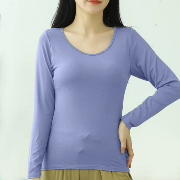 Pijama de manga larga para mujer, color liso, manga larga, cuello redondo, con copa acolchada, ropa de casa, pijama modal para mujer