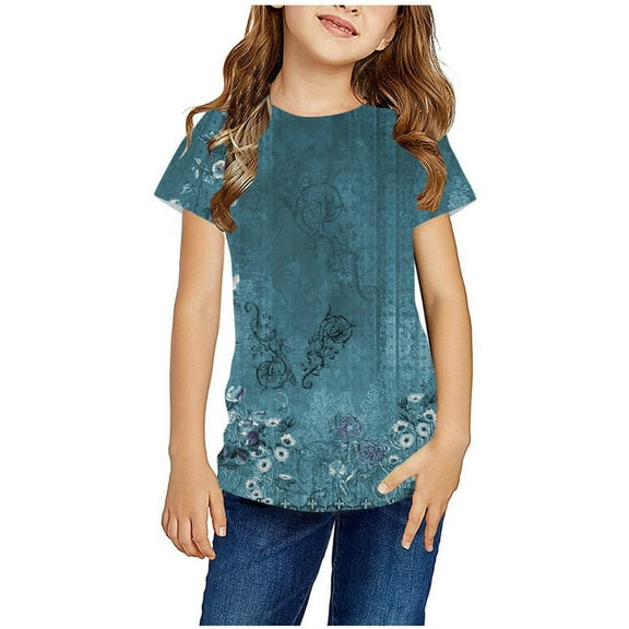 Zwiiyzr 2024 Summer Tops for Toddler Floral Print Irregular Hem Tee Shirts Short Sleeves Round Neck Tie Dye Blouse Tees Clothes Blue-11-12 Years