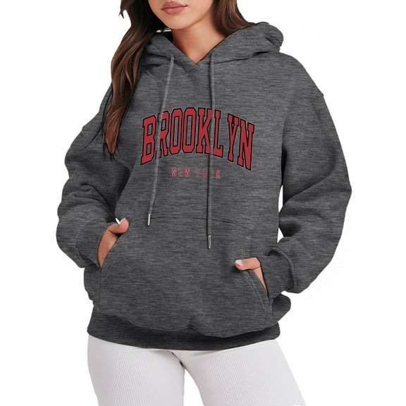 UJNDER Women Sweatshirts Letter Graphic Thermal Lined Hooded Sweatshirt Dark Gray XXL