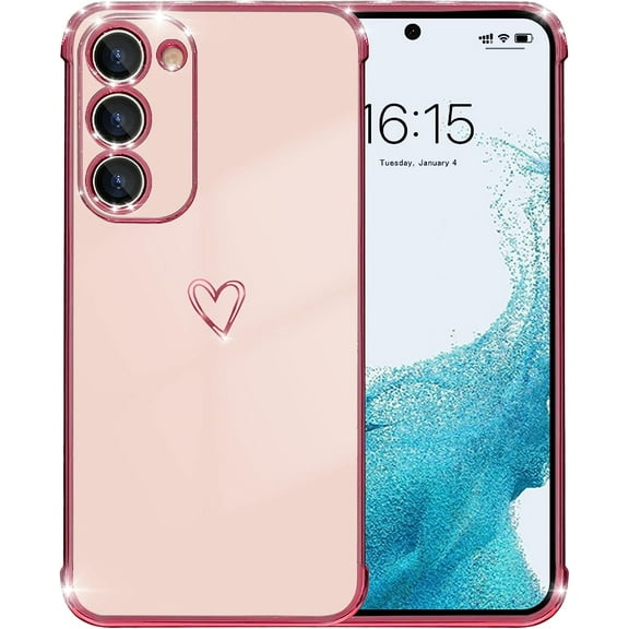Compatible with Samsung Galaxy S23 5G Case for Women Girl with Luxury Plating Full Camera Lens Protection Cute Love Plating Edge Soft TPU Anti-Fall Case for Samsung Galaxy S23-Pink