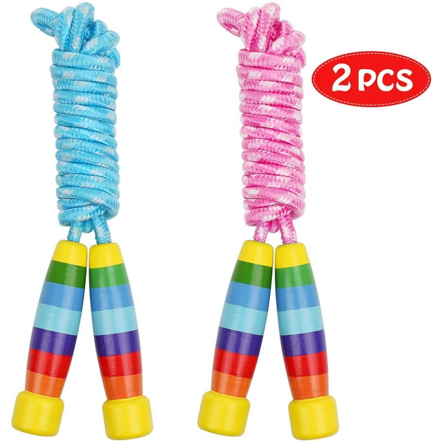 Kids Jump Rope with Wood Handles, Rainbow Jumping Rope, Adjustable Skipping Rope, Kids Fitness Equipment for Kids, Children (2 Pack)