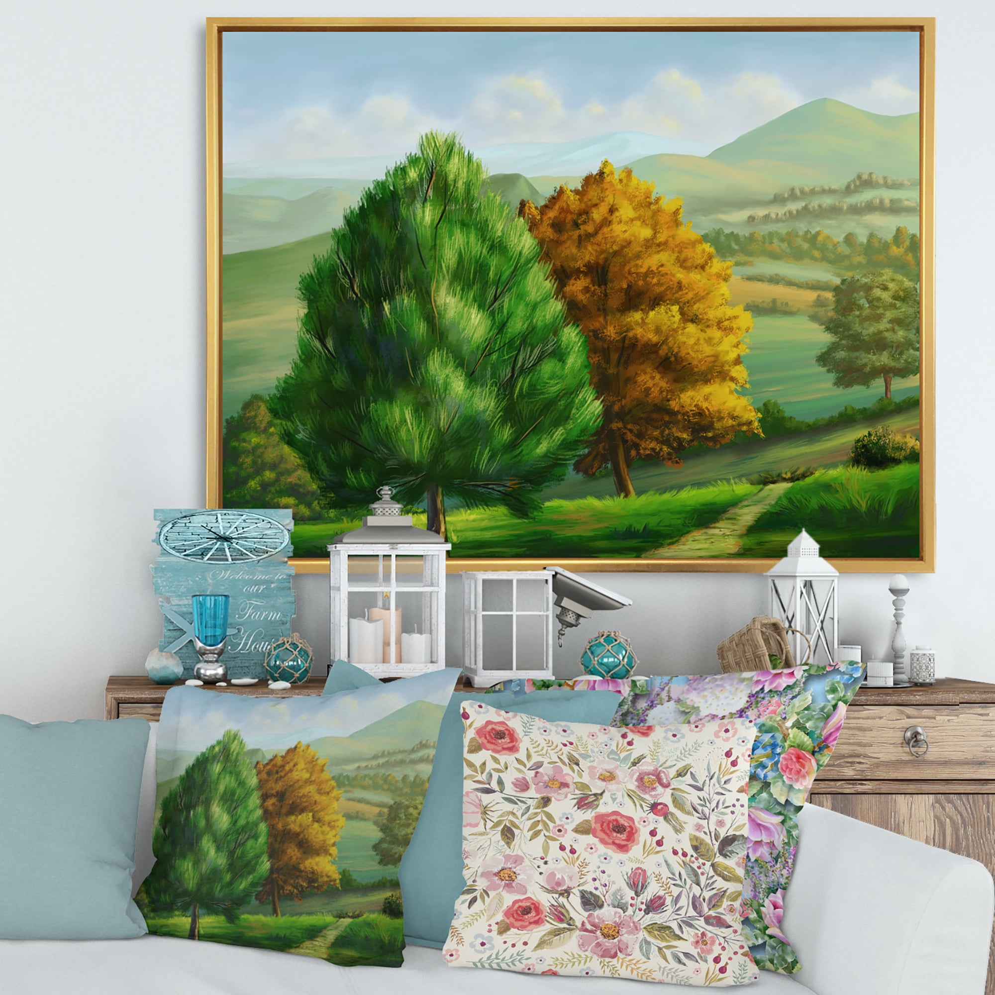 VIbrant Trees With Country Scenery 32 in x 24 in Framed Painting Canvas Art Print, by Designart