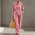 thumbnail image 2 of Szluipve Women Velvet 2 Piece Outfits Stand Collar Henley Button Long Sleeve Top & Elastic Waist Wide Leg Pants Casual Loungewear Matching Set Pink XL, 2 of 6