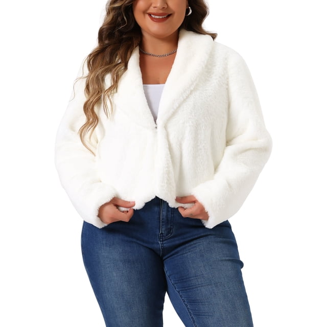 CHAQUETA PARA MUJERES TALLA PLUS FAB CURVES, CORTA DE INVIERNO, CON SOLAPA, MANGA LARGA, DE PIEL SINTÉTICA Y ESPUMOSA, TALLA 2X, BLANCA