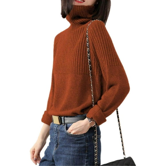 aters Womens Loose Jumpers Merino Wool Knit Split Thick Turtleneck Pullover Long Sleeve Winter Tops Caramel Large