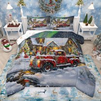 Manfei Happy New Year Bedding Comforter Set for Teens, Winter Christmas Eve Twin Comforter Sets, Rustic Lodge Cabin Reversible Bedding Set, Luxury Bedroom Decor, 2-Piece