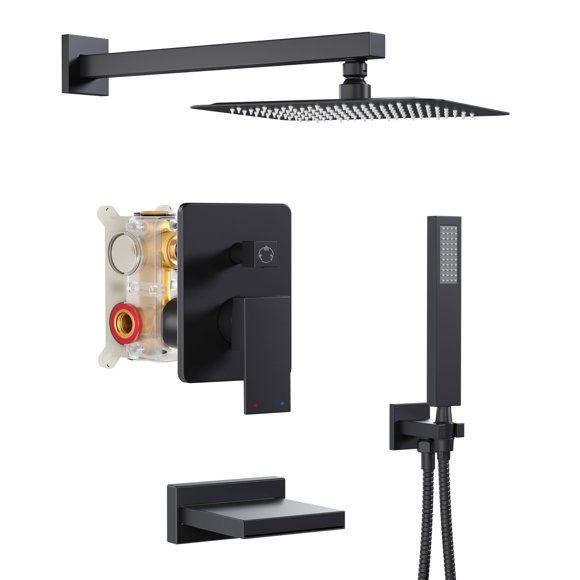 Sistema de ducha HoliSpa negro con caño, ducha tipo lluvia de 10 pulgadas