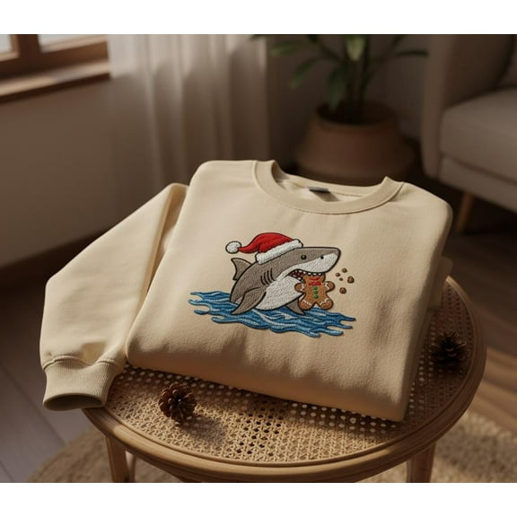 Cute Christmas Shark Embroidered Sweatshirt, Gingerbread Cookie Shark Sweater, Funny Holiday Shark Gift, Cozy Xmas Crewneck