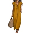 thumbnail image 2 of Women's Collared Button Down Maxi Shirt Dress, Long Sleeve Split Hem Solid Color Casual Long Dress for Spring Summer Daily Vacation Wear 17-Saffron S, 2 of 5