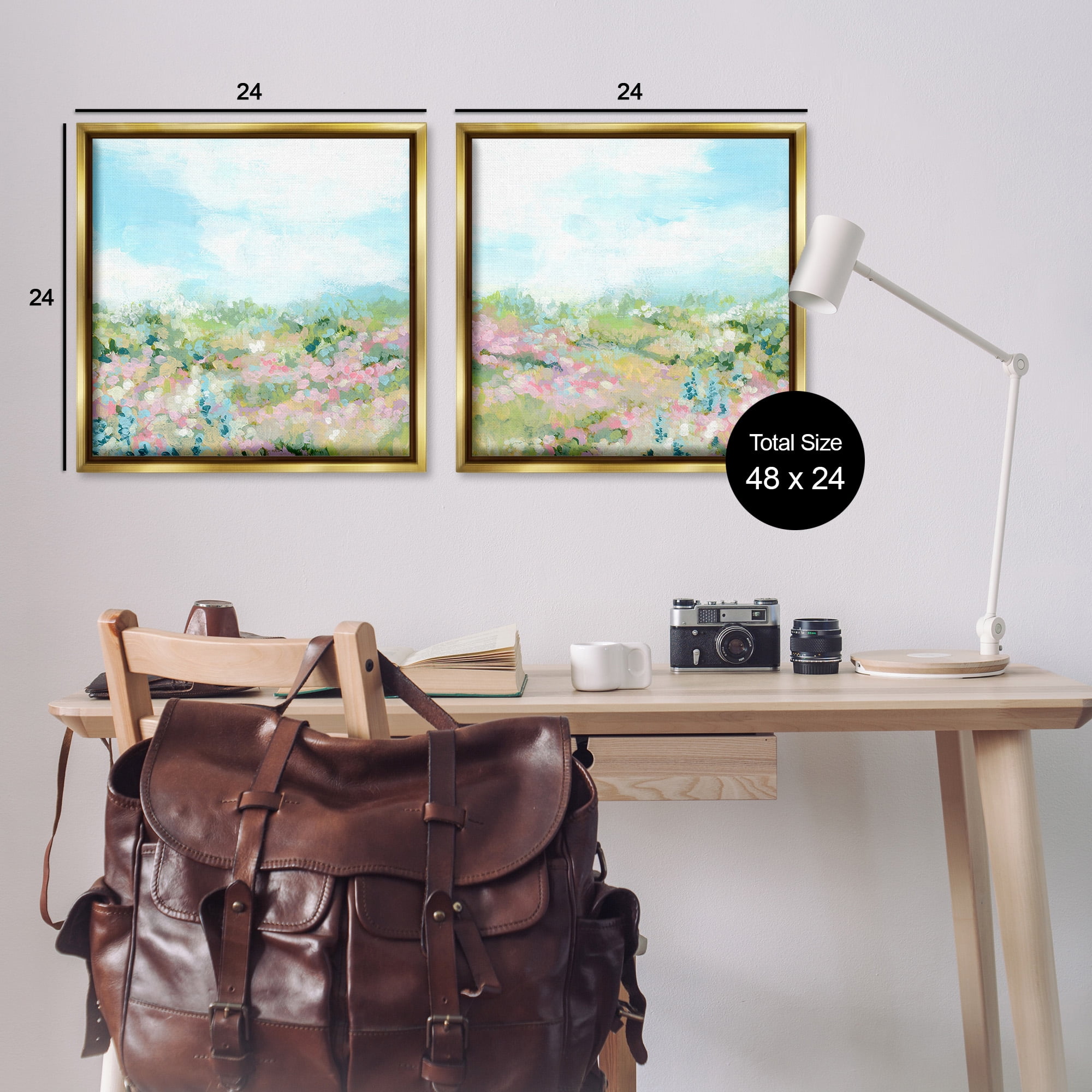 Stupell Industries Abstract Cottage Meadow Landscape Painting Gold Floater Framed Canvas Art Print Wall Art, 25 x 25, Set of 2