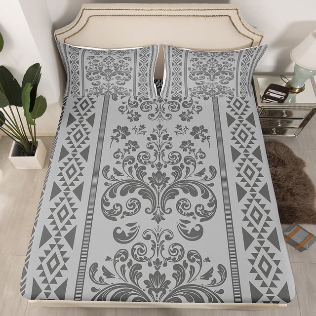 Erosebridal Bohomian Damask Fitted Sheet Set Full, Aztec Floral Bedding Full Size, Geometric Decor, 3 Pieces,(No Top Sheet)