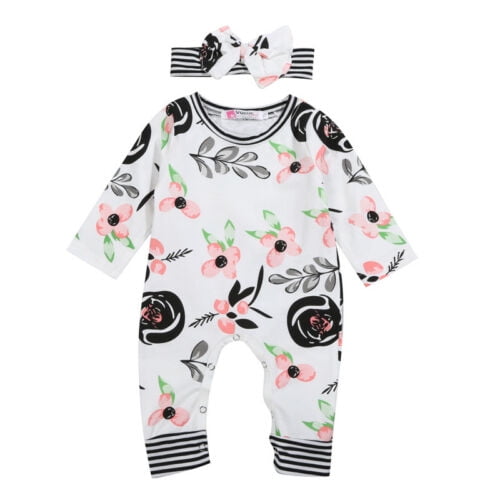 Newborn Baby Girl Clothes Flower Jumpsuit Romper Bodysuit Headband Outfits USA 