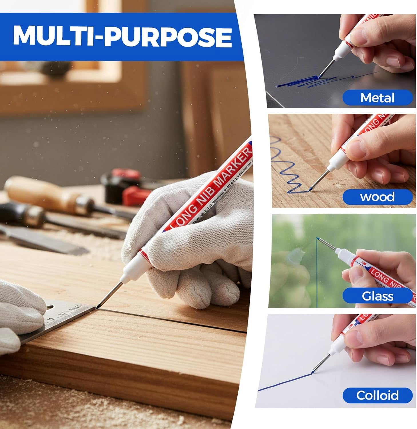 Long Nib Marker, 20mm Deep Hole Marker Pens, Multi-Color Long Nose Construction Markers, Waterproof Quick Dry Metal Wood Carpenter Marking Tool for DIY, Tight Spaces & Drilling