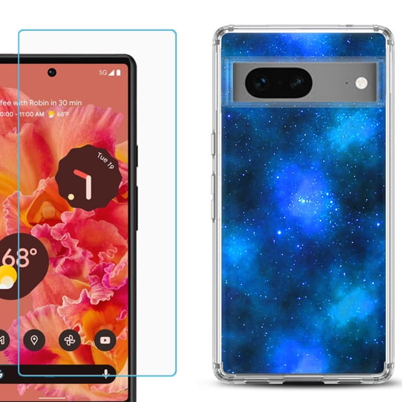 Slim-Fit Gel TPU Phone Case for Google Pixel 7, with Tempered Glass Screen Protector, by OneToughShield ® - Cosmos/Stars