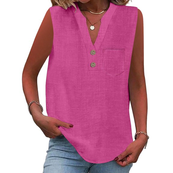 DORKASM Womens Linen Tops V Neck Loose Fit Breathable T-Shirts Sleeveless Solid Color Beach 2026 Tshirt Button Down Casual Vocation Tank Tops Hot Pink L