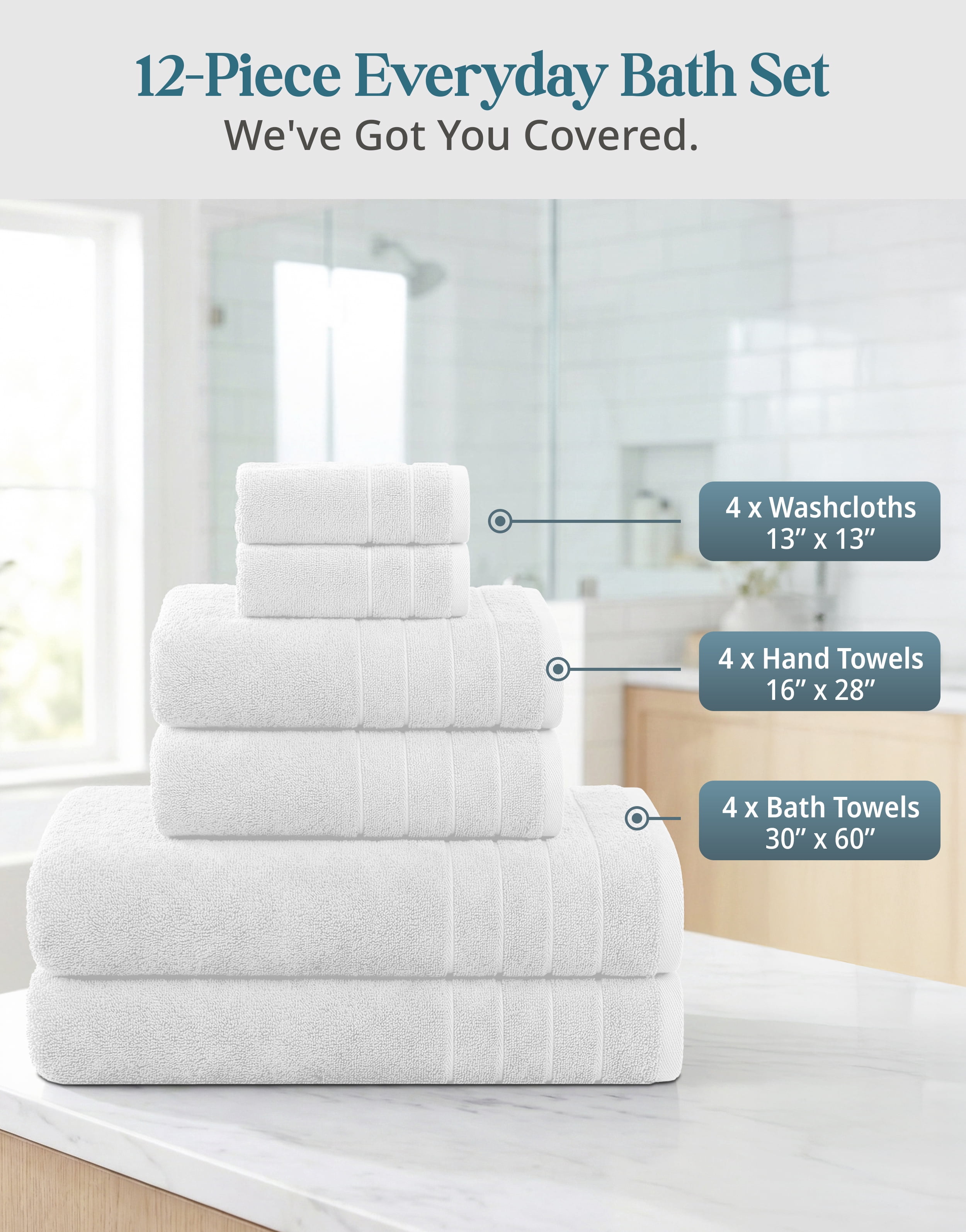 Casa Platino 12 Piece White Cotton Towels Set - Includes 4 Large White Bath Towels, 4 Hand Towels & 4 Washcloths - Soft Absorbent Towels for Bathroom