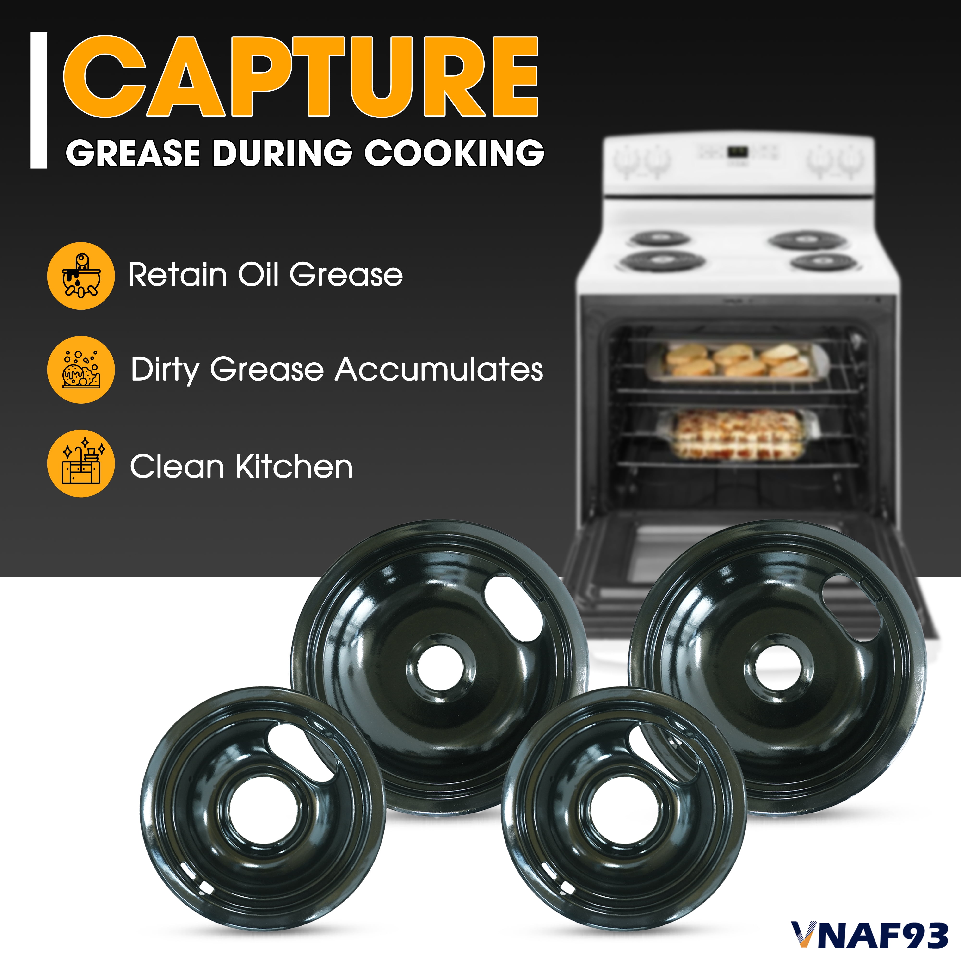 VNAF93 Upgraded Black Porcelain Drip Pans Set 4 Pack 318067041 & 318067051 Replacement for Frigidaire Electric Range Stove Burner for 5304430149, 5304430150 Includes 2 8-Inch and 2 6-Inch Pans