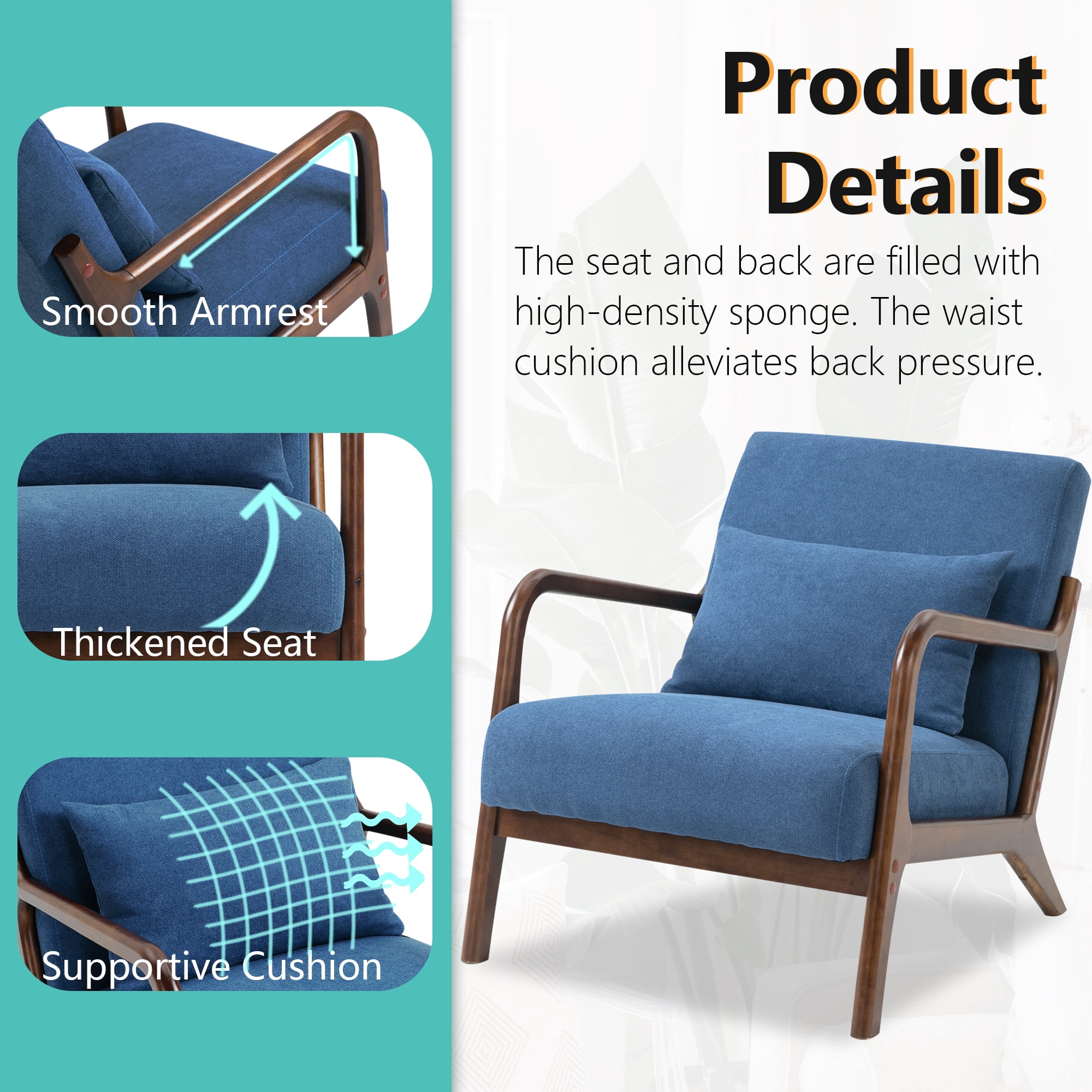 Miniyam Mid Century Modern Accent Chair with Wood Frame, Upholstered Living Room Chairs with Waist Cushion, Reading Armchair,Blue