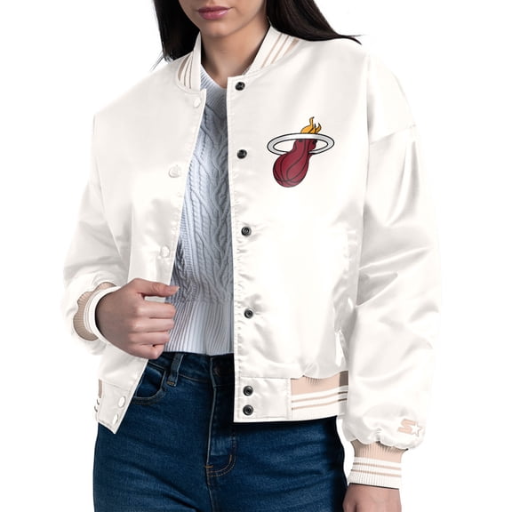 Women's Starter Cream Miami Heat Printed Logo Cropped Satin Varsity Full-Snap Jacket