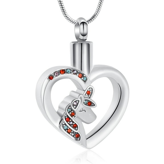 Crystal Unicorn In My Heart Stainless Steel Cremation Necklace Urn Pendant For Ashes For Women Memorial Jewelry
