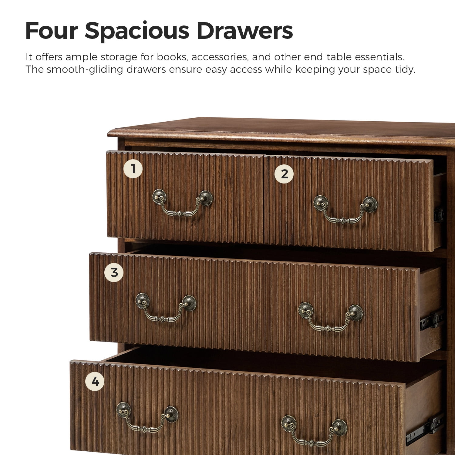 Tina's Home Transitional Solid Wood End Table with Vertical Striped Design, Built-in Charging Station - 4 Walnut Drawers