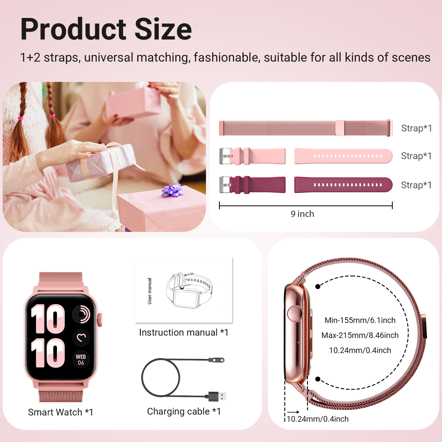 FPZMIU 1.83" Fitness Smart Watch 3 Bands Pink photo 2