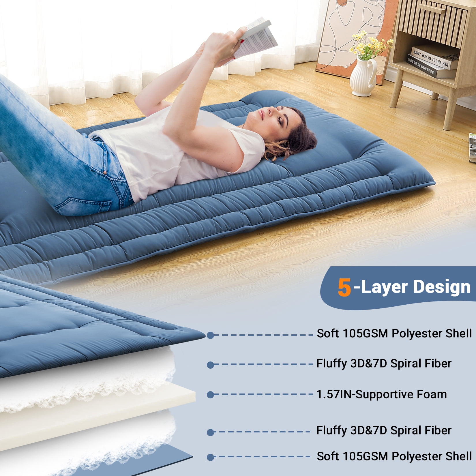 Twin Size Foldable Floor Mattress, Japanese-Style Roll-Up Foam Sleeping Mat, Space-Saving Tatami Floor Bed for Living Room or Bedroom, Navy Blue