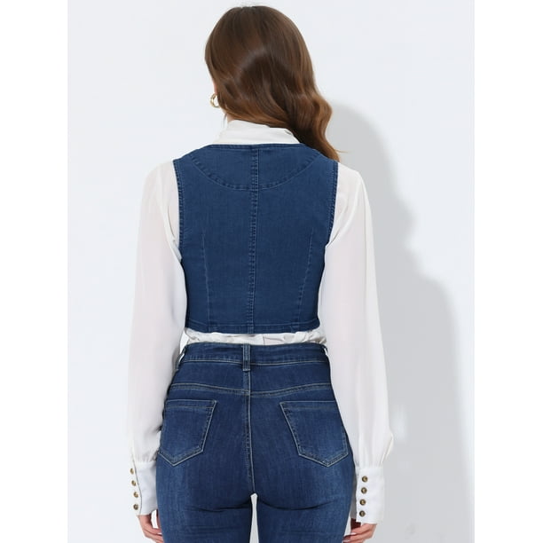 Women's Denim Button Up Vintage Sleeveless Jean Crop Racerback Vest  Mid-Blue L 