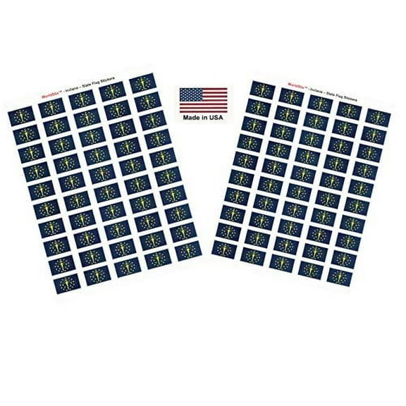 Made in USA! 100 Indiana 1.5" x 1" Self Adhesive State Flag Stickers, Two Sheets of 50, 100 Indiana Sticker Flags Total