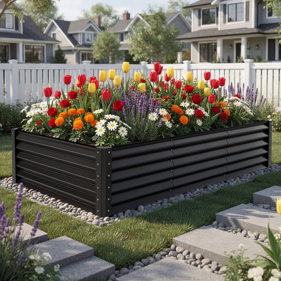 Uforic Galvanized Raised Garden Bed Kit, Metal Planter Box with Gloves, Metal Raised Garden Beds for Vegetables,Black,8x4x3ft