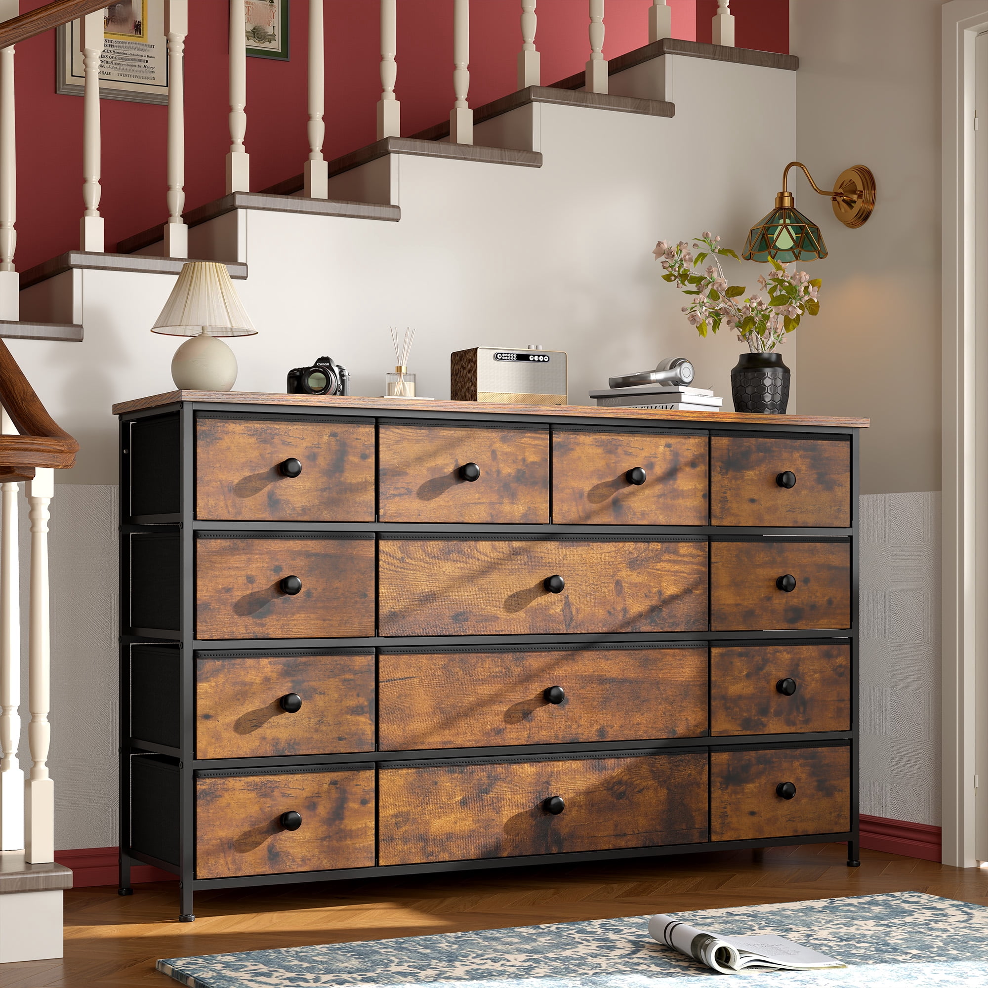 Romorgniz Dresser TV Stand, 13 Drawer Dressers for Bedroom, Chest of Drawers for 45" Long TV, Fabric Dresser for Storage, Rustic Brown
