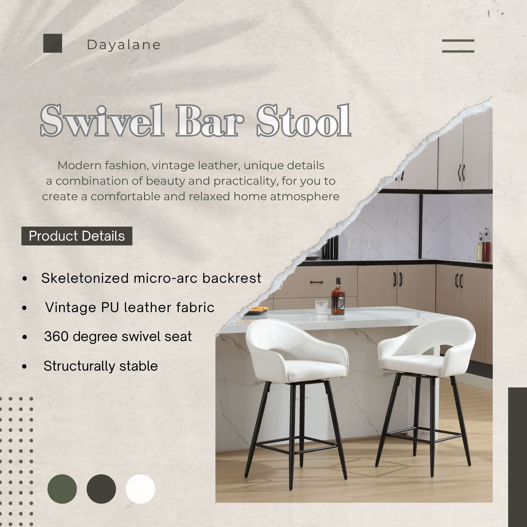 27" Modern Swivel Bar Stools Set of 2, PU Upholstered Counter Height Stools with Metal Legs, Hollow Curved Backrest for Kitchen Island, Home Bar, Bistro,White
