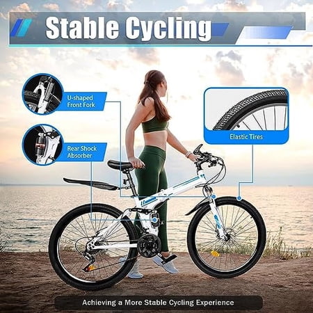 TFCFL 26" Folding City Bike , 21-Speed Folding for Adult, Camping , Height Adjustable Folding Bike,with Mudguard, Mountain for Roadways, Mountains, Racing, Blue&White
