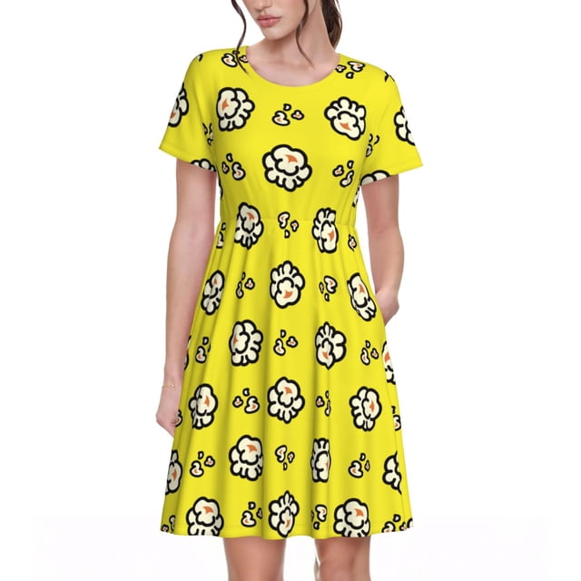 Fotbe White Popcorn Vestido Largo de Moda para Mujer, Vestido Tipo Camiseta con Manga Corta y Estilo Casual a Rayas y Bloques de Color