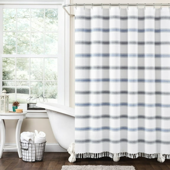 Lush Décor Stripe Woven Textured Yarn Dyed Eco-Friendly Recycled Blue/White Cotton Shower Curtain, 72" x 72"