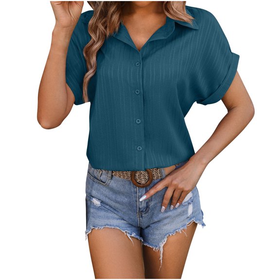OGLCCG Button Down Shirts for Women 2024 Solid Color Short Sleeve Dress Shirts Casual Regular Fit Lightweight Summer Beach Shirt