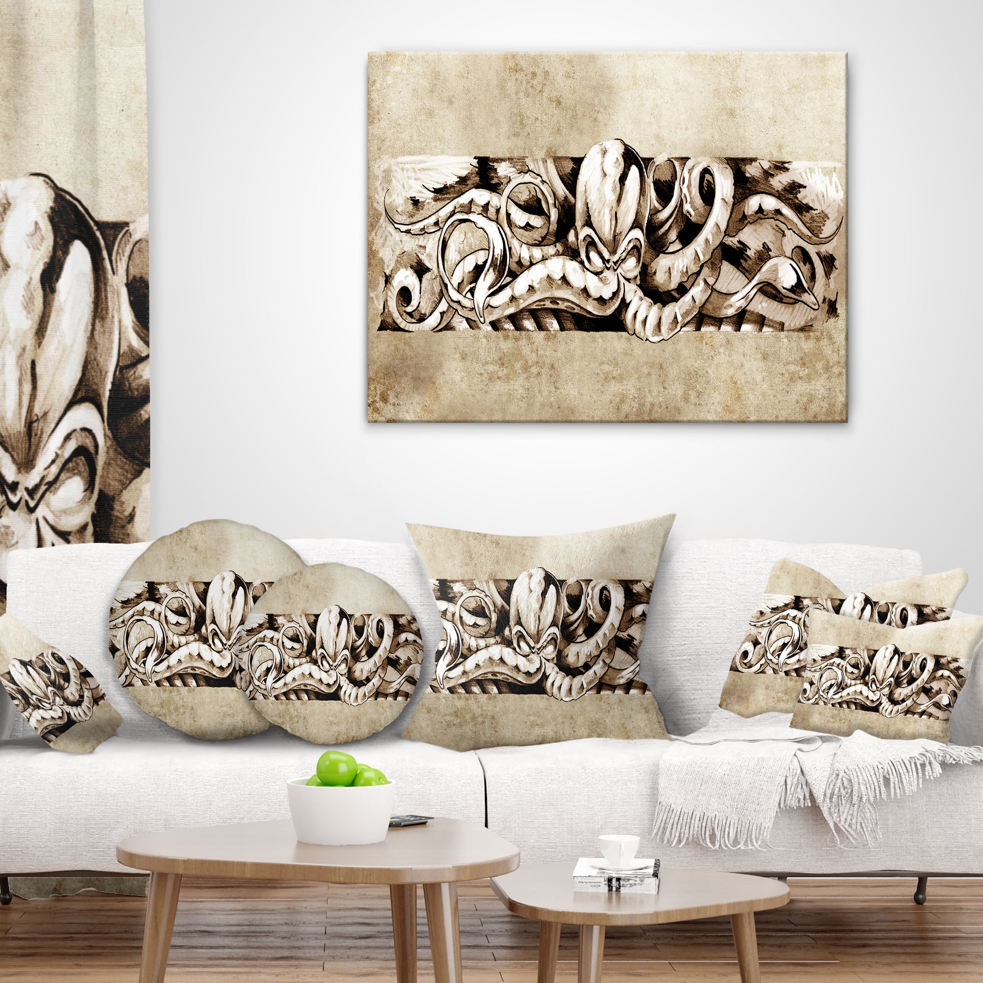 Designart Octopus Sketch in White Shade - Animal Throw Pillow - 16x16