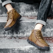 Xfvqtps Mens Ankle Boots British Large High Top Outdoor Loafers Lace Up Motorcycle Cowhide Fashion Casual Shoes Leather Shoes Trendy Large Size Breathable Driving Shoes Khaki