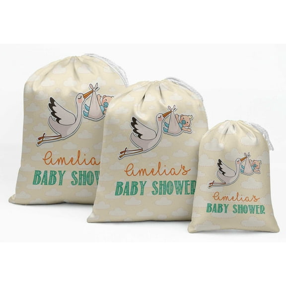 Darling Souvenir Orange Flying Stork Baby Shower Custom Party Supplies Favor Bags Drawstring Pouches 15 Pieces