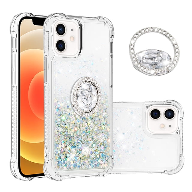 Funda para iPhone 12 Mini con Brillo Líquido Flotante, Purpurina, Parachoques y Anillo Giratorio Soporte