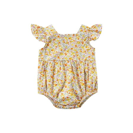 

Toddlers Baby Girl Romper Short Sleeve Square Neck Floral Buttons Loose Summer Casual Bodysuit Yellow 18-24 Months