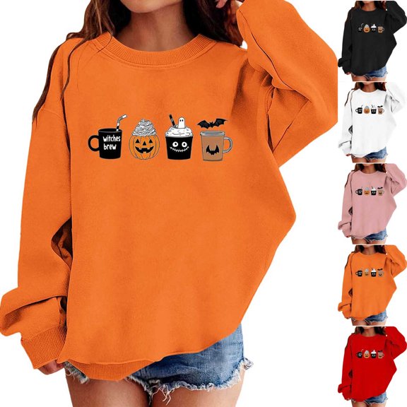 HAOTAGS Girls Halloween Long Sleeve Sweatshirt Size 10-12— Soft Round Neck Long Sleeve Pullover Hoodie Orange