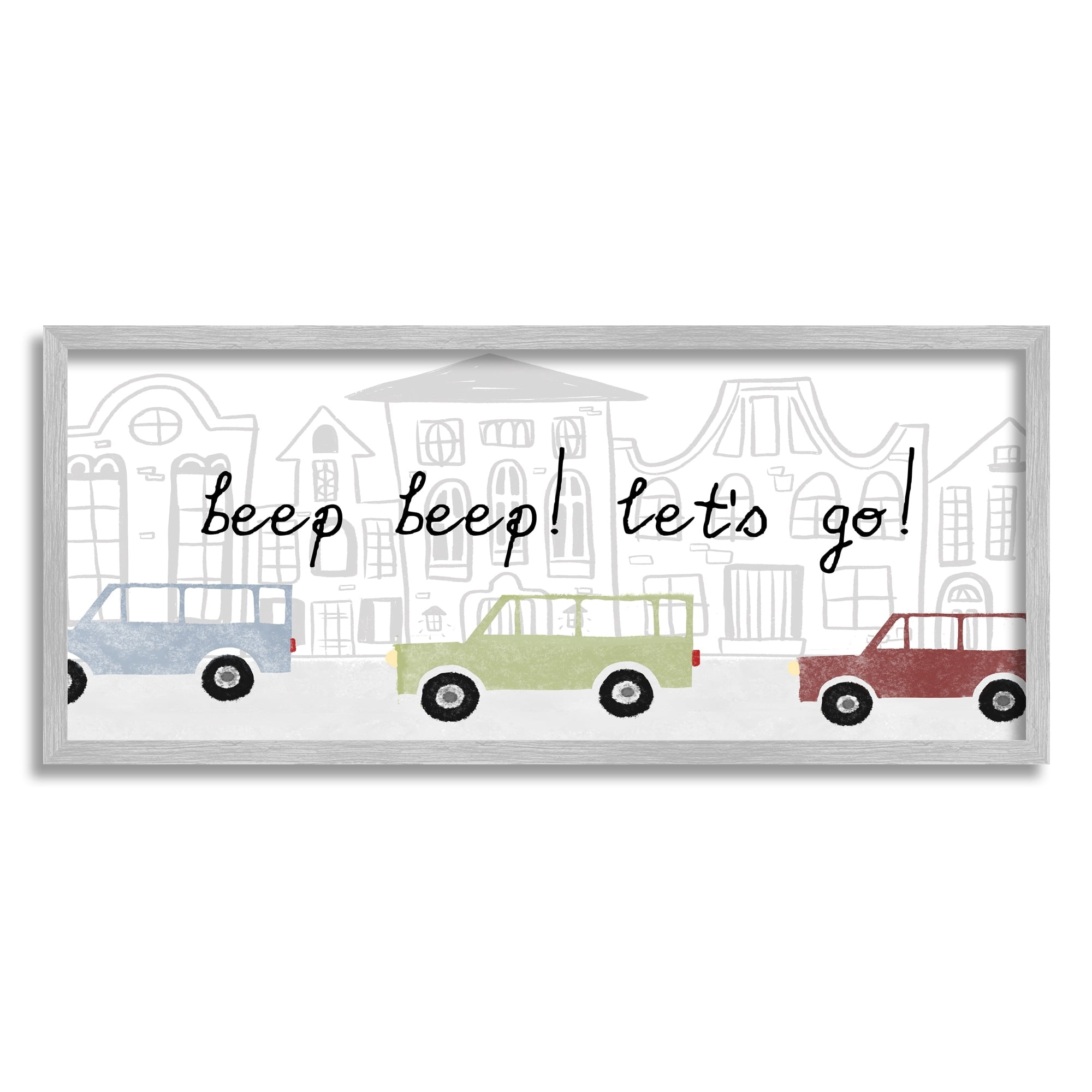 Stupell Industries Beep Let's Go Traffic Town Cityscape Cartoon Cars Graphic Art Gray Framed Art Print Wall Art, Design by Daphne Polselli
